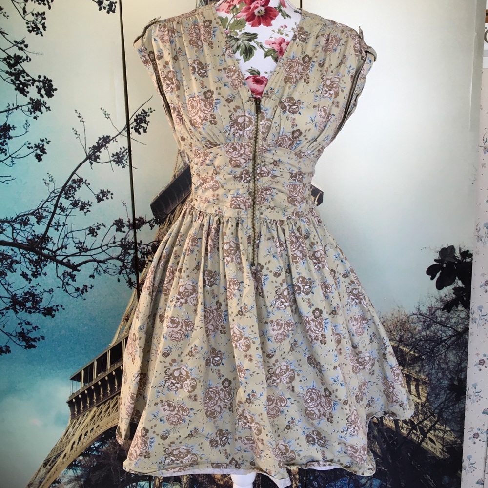 H&M Beige Floral Midi Dress with Pink and Green Accents